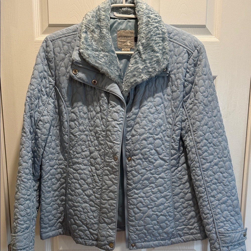 Sky Blue Quilted Puffer Jacket with Faux Fur Collar